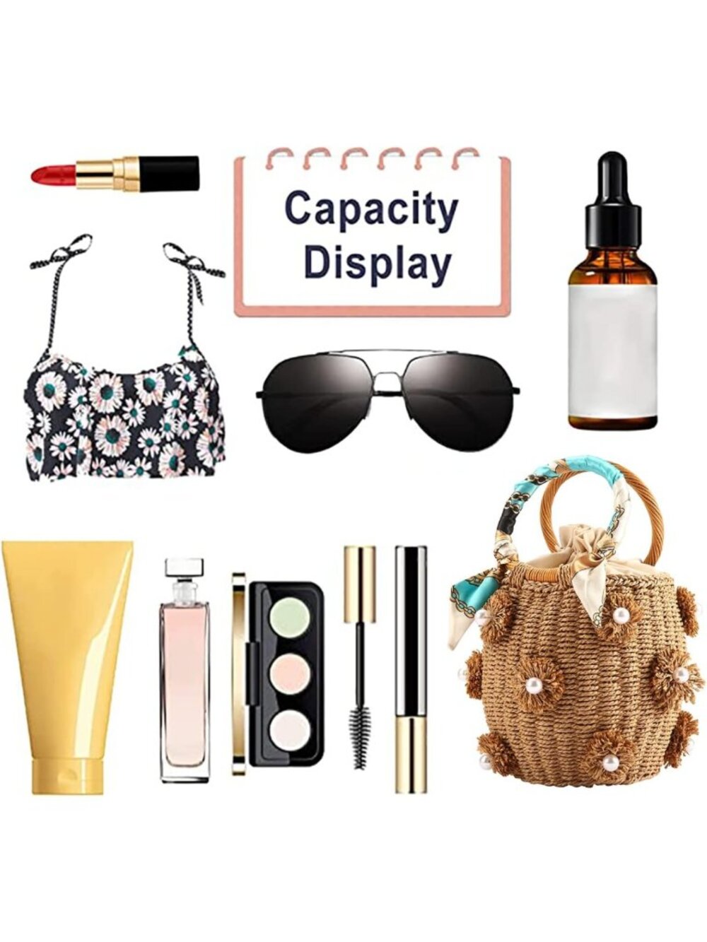 Chic Flower Pearls Rattan Tote Bag | Summer Beach Drawstring Straw Bucket Bag - Picture 8 of 10